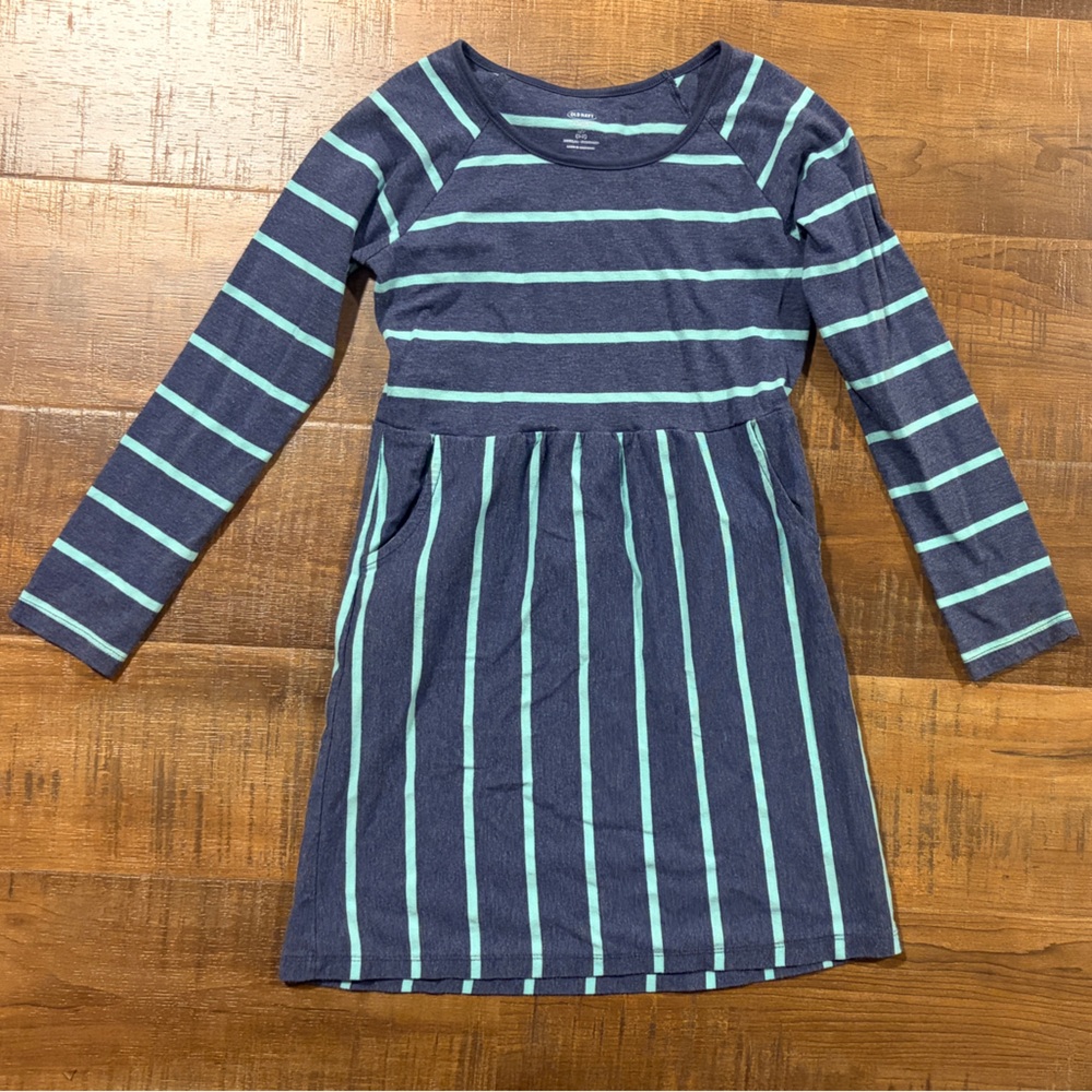 Girls Blue Green Striped Dress